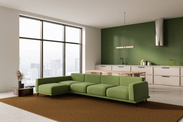 istock Cozy home interior with relaxing and cooking corner, panoramic window 1496155767