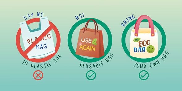 Stop Use Plastic Bag And Use Reusable Bag Or Bring Your Own Bag Banner, Poster, Sign, Vector, Illustration
