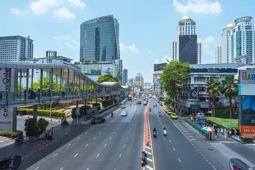 Bangkok, Thailand - April 23, 2023: Ratchadamri Road with Novotel Bangkok Platinum Pratunam and Berkeley Hotel Pratunam from Ratchaprasong SkyWalk.