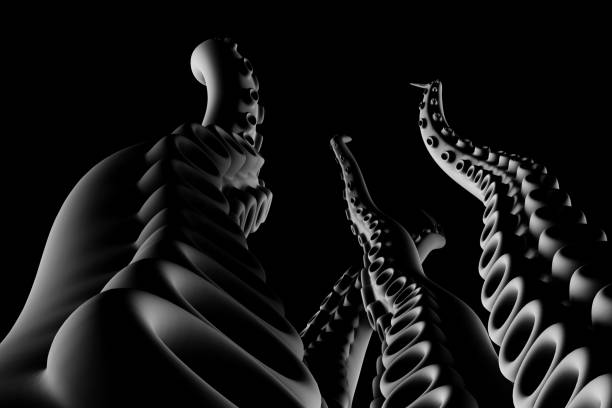 Black tentacles of an octopus or monster on dark background. Illustration as a design element for web design backgrounds or slide show templates