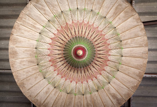 This captivating photograph showcases a mesmerizing display of traditional Chinese paper umbrellas, arranged in an overlapping pattern that creates a sense of depth and harmony. Each umbrella is adorned with delicate hand-painted designs, featuring classic motifs such as cherry blossoms, bamboo, calligraphy, and ink-wash landscapes. The warm, golden lighting filters through the translucent paper, emphasizing the fine brushwork and intricate details while casting a soft, inviting glow.\n\nThe radial symmetry of the umbrella spokes leads the eye through the composition, creating a visually dynamic yet balanced scene. The combination of cultural artistry and meticulous craftsmanship reflects the elegance of traditional Chinese aesthetics, blending natural elements with poetic inscriptions. This image beautifully encapsulates the timeless beauty of heritage and artistic expression.