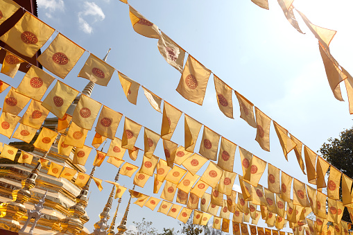 Detail of  a place of worship in a temple garden, Thailand.