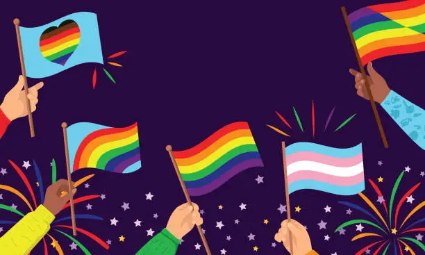 Vector illustration of Hands Holding Pride Flags