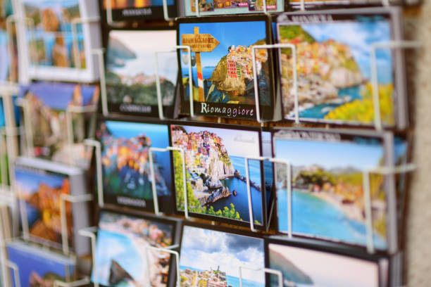 2018: Various postcards from Cinque Terre displayed at souvenir shop
