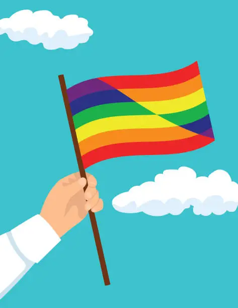 Vector illustration of Hands Holding Pride Flags On A Blue Sky