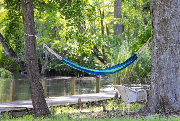 A teen boy sleeping in a hammock by a lake in the summer. A candid shot of a child napping by the lake on a warm summer day.