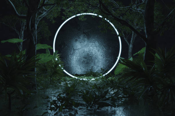 istock 3d rendering of blue lighten circle shape surrounded by jungle plants and trees 1496161973