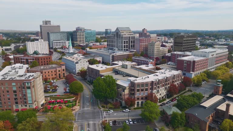 Downtown architecture of Greenville city in South Carolina. View of office and apartment buildings in american city. US travel destination