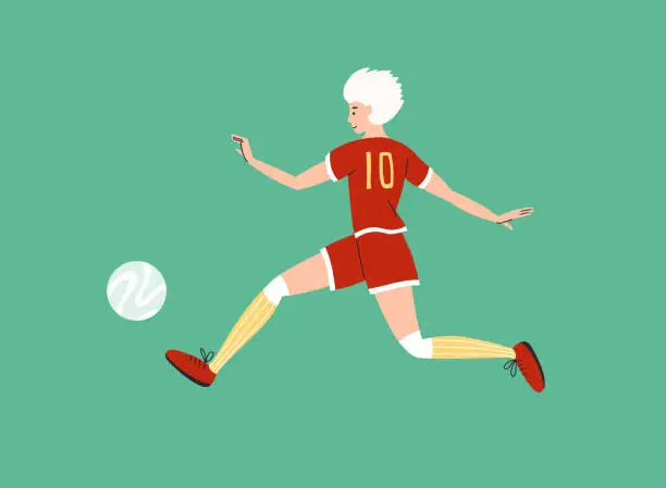 Vector illustration of Isolated vector illustration of young female soccer player hits ball on green background