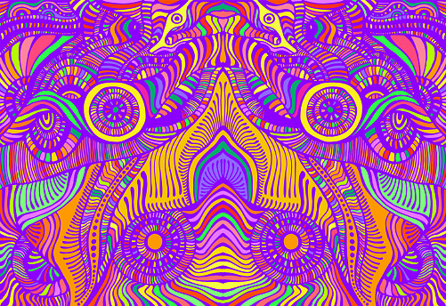 Psychedelic symmetrical motley hippie trippy abstract pattern with many intricate wavy ornaments, bright neon multicolor color texture. Vector hand drawn illustration.