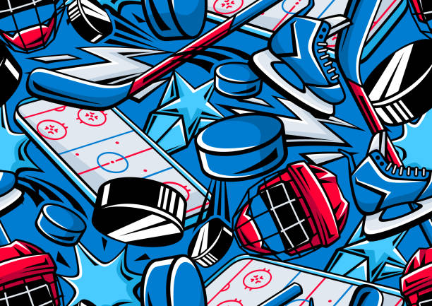ilustraciones, imágenes clip art, dibujos animados e iconos de stock de patrón con artículos de hockey. ilustración del club deportivo. antecedentes de estilo de vida saludable. - ice hockey illustrations