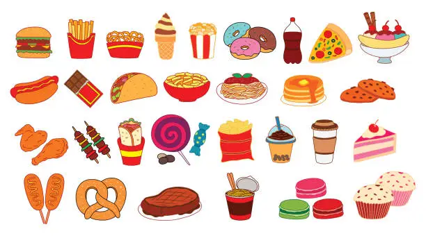 Vector illustration of Vector illustration set Of Fast Food Dishes with Drinks and Desserts Collection with burger and pizza, popcorn hot dog and coke drink with donuts, cup noodles and steak, French fries and taco clip art