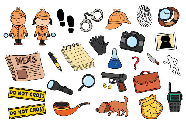 ilustraciones, imágenes clip art, dibujos animados e iconos de stock de conjunto de iconos de ilustración vectorial de varios equipos y herramientas de detectives de policía o investigadores privados clip art - detective inspector forensic science searching