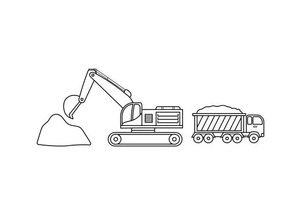 Vector illustration of Hand drawn color children construction vehicle excavator and dump truck