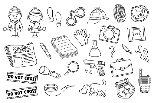 Hand drawn Vector illustration icon set of various police detective inspector or private investigator equipment and tools in doodle style
