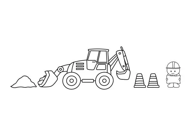 Vector illustration of Hand drawn color children construction backhoe and construction worker holding a map