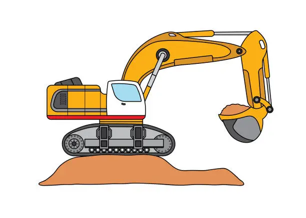 Vector illustration of Vector illustration color children construction excavator on top of dirt