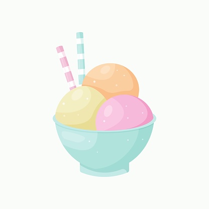 bright ice cream in a bowl in flat style, three scoops of ice cream