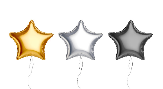 Blank black, silver, gold inflation star balloon mockup, front view, 3d rendering. present levitation balloons starry shape mock up, isolated. Clear festive decoration for party template.