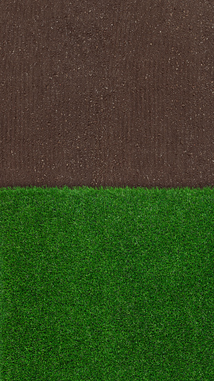 Meadow green grass surface and soil ground surface. Turf and terrain blank top view background. Advertising template or Banner for gardening, online shopping and environmental concept