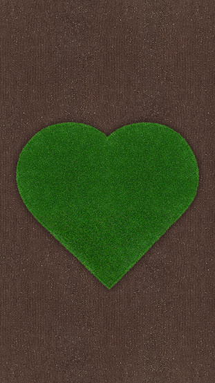 Heart shape of meadow green grass surface isolated on soil ground surface. Turf and terrain blank top view background. Gardening advertising template, Banner shopping and environmental concept