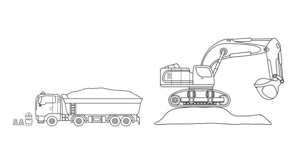 Vector illustration of Hand drawn Vector illustration color children construction excavator on top of dirt and dump truck carrying dirt with construction worker