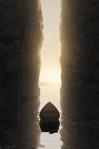 3D rendering of cliff cave with single abandoned boat at sea