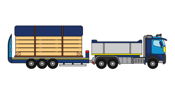 illustrazioni stock, clip art, cartoni animati e icone di tendenza di illustrazione vettoriale colore bambini costruzione camion semirimorchio con grande clip art della cassa di spedizione di legno - truck semi truck vehicle trailer rear view