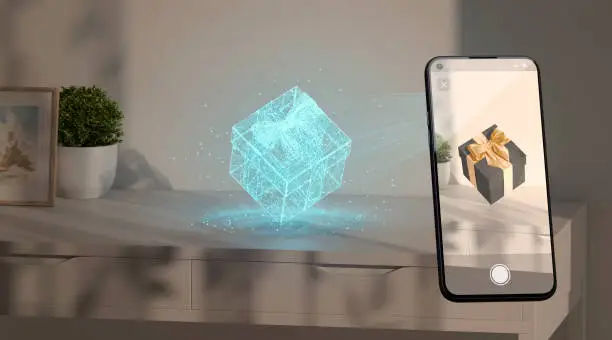 Gift box hologram stand on table phone display augmented reality, 3d rendering. Empty embedding vr interaction on smartphone. Realistic online constructor on smartphone platform template.