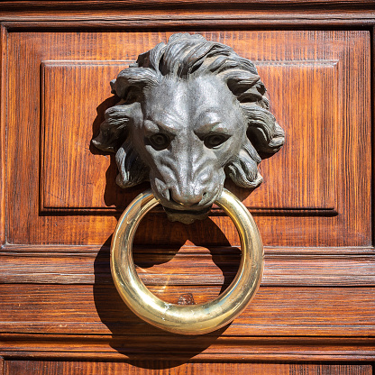Lion head door knocker isolated over white