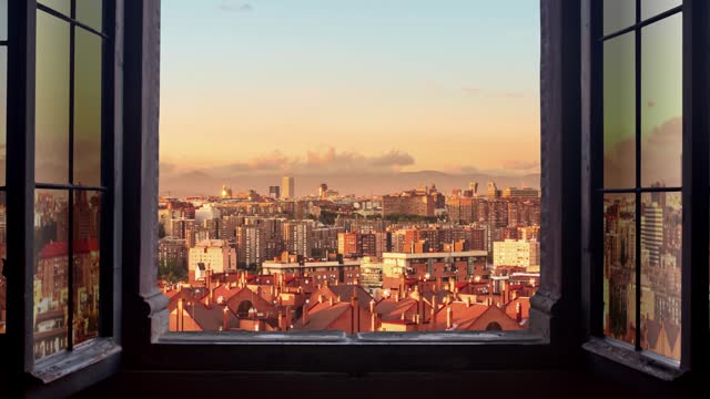 madrid skyline seen through a window timelapse