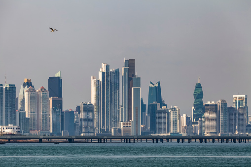 panama city waterfront skyline in panama, central america.