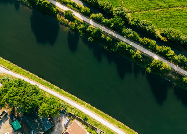 Aerial view on water transportation channel in Germany. Top view