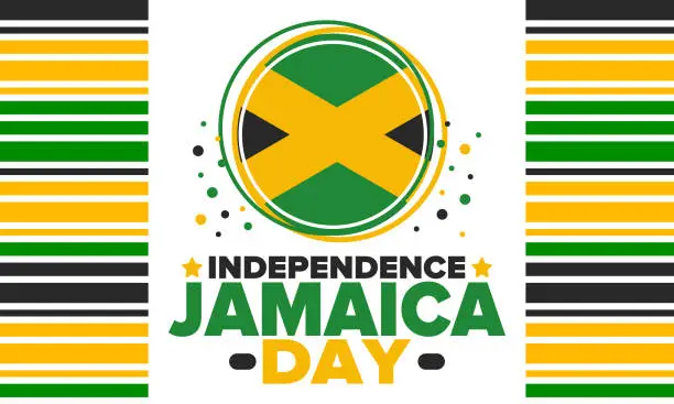 Vector illustration of Jamaica Independence Day. Independence of Jamaica. Holiday, celebrated annual in August 6. Jamaica flag. Patriotic element. Poster, greeting card, banner and background. Vector illustration