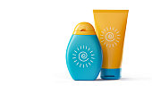 Sunscreen bottle with spf cream after sun lotion in tube on white background with copy space. Sun protection, summer skin moisturizer. 3D rendered illustration