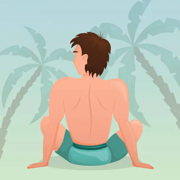 Vector illustration of Young guy is sitting on the beach against backdrop of palm trees. Man on the beach - view from the back. Flat vector illustration.