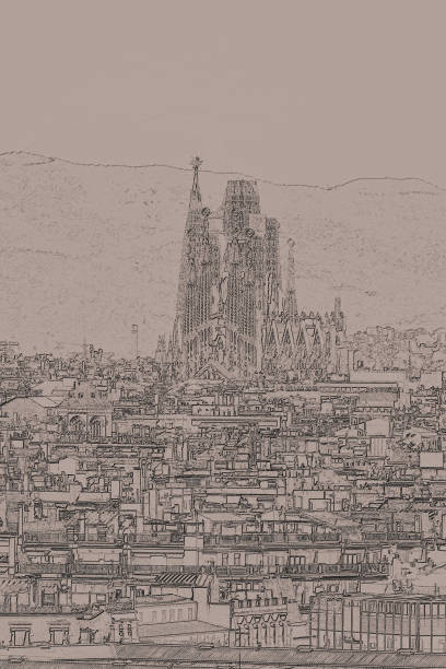 印象的なサ��グラダファミリラの陛下を背景にしたバルセロナの街並みのモノクロイラスト - sagrada famila ストックフォトと画像