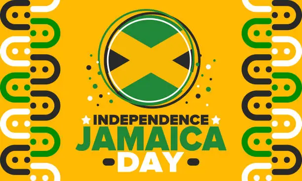 Vector illustration of Jamaica Independence Day. Independence of Jamaica. Holiday, celebrated annual in August 6. Jamaica flag. Patriotic element. Poster, greeting card, banner and background. Vector illustration