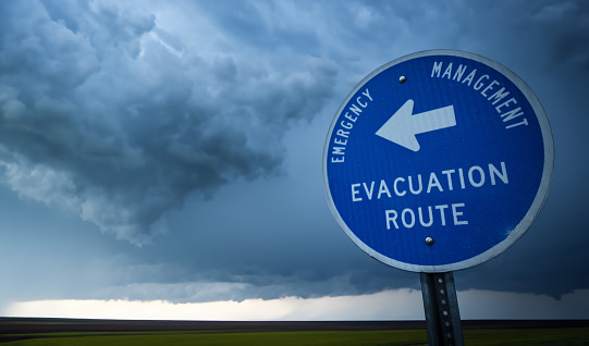 A hurricane sign leads hurricane evacuees to safety.