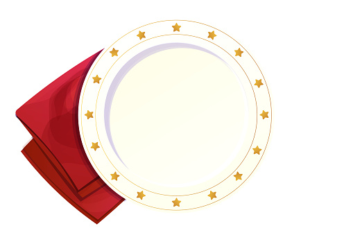 Holiday plate, bright empty dish top view with golden stars, border ornament Christmas decoration, festive napkin in cartoon style isolated on white background. Vector illustration