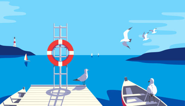 ilustraciones, imágenes clip art, dibujos animados e iconos de stock de paisaje marino con gaviotas, muelle de veleros en la costa del mar - bay