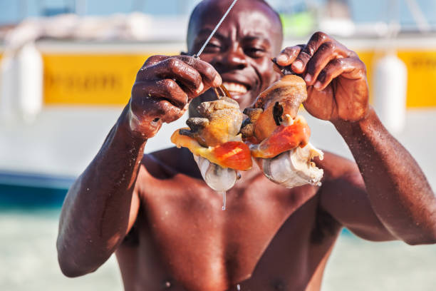 Male and female queen conch Providenciales, Turks & Caicos Islands, March 28, 2011: Tour boat operator holds up male and female conch bodies for the group to see providenciales stock pictures, royalty-free photos & images