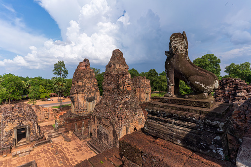 The Pre Rup temple is a mountaintop shrine built in the 10th century and devoted to the god Shiva. It is located in the Siem Reap district of Cambodia.