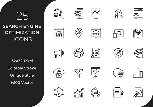 These icons capture the essence of SEO strategies and techniques, illustrating concepts such as keyword research, on-page optimization, link building, content marketing, analytics, and more. Whether you're a digital marketer, website owner, or SEO professional, these icons will help you visually communicate the importance of optimizing websites for search engines.