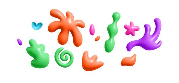 ilustrações, clipart, desenhos animados e ícones de elemento gráfico 3d kid doodle. renderizar a cor abstrata da forma do plano liguid. forma de flor bonito, squiggle, doodle no estilo moden da moda. ilustração dos desenhos animados do vetor - liguid