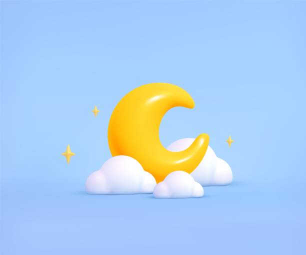 istock 3d cartoon yellow crescent in clouds and stars on blue background. Moon icon. Concept sleep time, night, dream. Vector childish illustration 1496184606