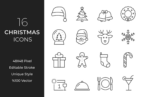 This collection showcases a variety of icons that represent traditional elements and symbols associated with this special time of year. Each meticulously crafted icon symbolizes concepts such as Santa Claus, Christmas tree, presents, ornaments, and more.