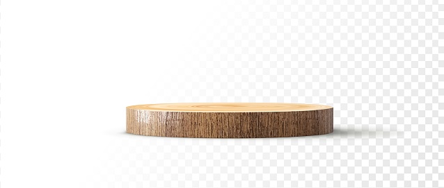 Wooden circle board plate white background. Kitchen stand tray wood podium. 3d tree trunk stump. Realistic vector illustration.