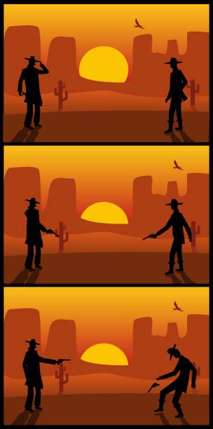 2ガンマンの決闘。砂漠の夕日。カラーフラットベクトルイラスト。 - cowboy wild west silhouette gun点のイラスト素材／クリップアート素材／マンガ素材／アイコン素材