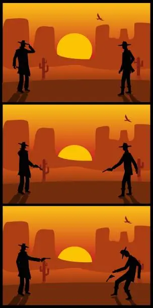 Vector illustration of Two gunslingers duel. Desert sunset. Color flat vector illustration.